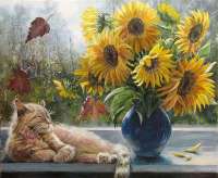 Без бренда «Подсолнухи в синей вазе возле кота» в Калининграде в интернет-магазине  Без бренда «Подсолнухи в синей вазе возле кота» в Калининграде