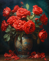 Красные розы в расписной вазе