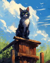 Черно белый котик сидит на заборе