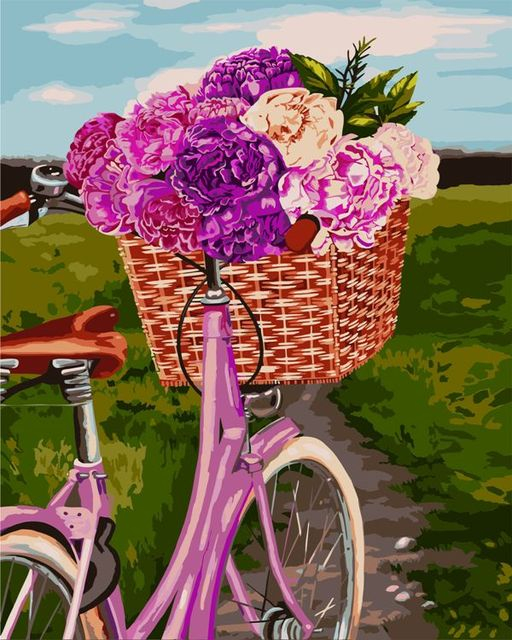 Алмазная мозаика 40x50 Розовый велосипед с букетом пионов