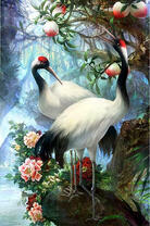 Пара красноголовых журавлей на цветущем дереве