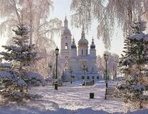 Вид на храм сквозь заснеженный парк