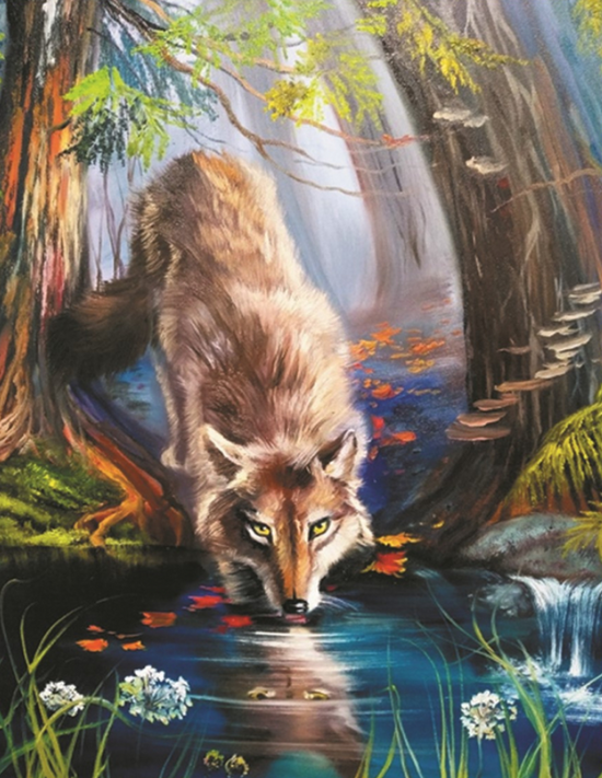 Алмазная мозаика 40x50 Худой волк у лесного водопоя