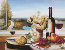 Вино и фрукты на фоне открытого окна